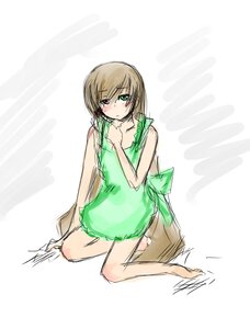 Rating: Safe Score: 0 Tags: 1girl apron bangs bare_arms bare_legs bare_shoulders barefoot blush brown_hair collarbone dress full_body green_dress green_eyes heterochromia image kneeling long_hair looking_at_viewer naked_apron red_eyes simple_background sketch sleeveless sleeveless_dress solo suiseiseki white_background User: admin
