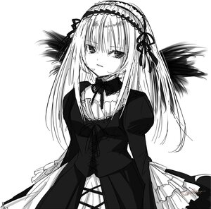 Rating: Safe Score: 0 Tags: 1girl closed_mouth dress eyebrows_visible_through_hair frills greyscale hairband image juliet_sleeves lolita_fashion lolita_hairband long_hair long_sleeves looking_at_viewer monochrome puffy_sleeves ribbon simple_background solo suigintou white_background wings User: admin