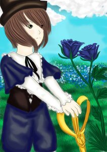Rating: Safe Score: 0 Tags: 1girl blue_dress brown_hair capelet cloud day dress flower grass green_eyes hair_over_one_eye hat image long_sleeves outdoors short_hair sky solo souseiseki User: admin