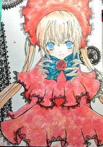 Rating: Safe Score: 0 Tags: 1girl blonde_hair blue_eyes bonnet bow bowtie capelet dress drill_hair flower image long_hair looking_at_viewer marker_(medium) red_capelet red_dress red_flower red_rose rose shinku smile solo traditional_media twintails very_long_hair User: admin