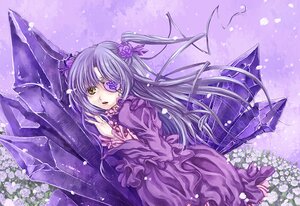 Rating: Safe Score: 0 Tags: 1girl barasuishou dress eyepatch flower frills hair_ornament hydrangea image long_hair petals purple_dress purple_flower purple_rose purple_theme rose solo umbrella very_long_hair yellow_eyes User: admin