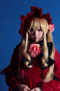 Rating: Safe Score: 0 Tags: 1girl blonde_hair blue_background blue_eyes dress flower lips long_hair pink_flower pink_rose realistic red_dress rose shinku solo User: admin