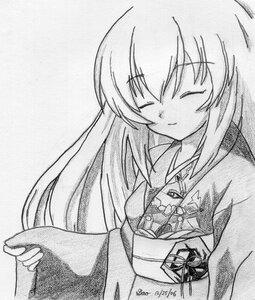 Rating: Safe Score: 0 Tags: 1girl closed_eyes graphite_(medium) greyscale image japanese_clothes kimono long_hair monochrome smile solo suigintou traditional_media upper_body white_background User: admin