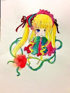 Rating: Safe Score: 0 Tags: 1girl blonde_hair blue_eyes blush bonnet bow bowtie dress flower image long_hair long_sleeves looking_at_viewer red_flower red_rose ribbon rose shinku simple_background solo twintails User: admin