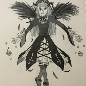 Rating: Safe Score: 0 Tags: 1girl angel_wings black_wings dress feathered_wings feathers flower frilled_hairband frills greyscale hairband image lolita_hairband long_hair long_sleeves looking_at_viewer monochrome rose solo suigintou traditional_media wings User: admin