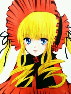 Rating: Safe Score: 0 Tags: 1girl bangs blonde_hair blue_eyes bonnet bow bowtie drill_hair flower image long_hair long_sleeves looking_at_viewer marker_(medium) rose shinku sidelocks simple_background solo twin_drills twintails upper_body white_background User: admin