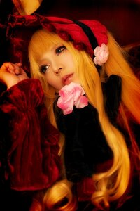 Rating: Safe Score: 0 Tags: 1girl bangs blonde_hair blue_eyes flower lips long_hair long_sleeves realistic rose shinku solo User: admin