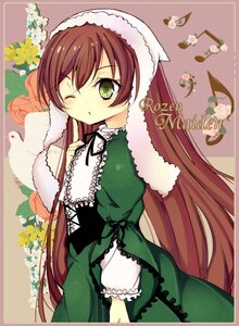 Rating: Safe Score: 0 Tags: 1girl brown_hair dress flower frills green_dress green_eyes head_scarf image lolita_fashion long_hair long_sleeves one_eye_closed solo suiseiseki very_long_hair User: admin