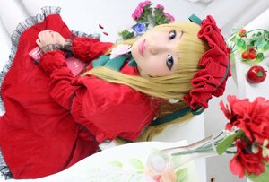 Rating: Safe Score: 0 Tags: 1girl blonde_hair blue_eyes capelet dress flower food fruit lips long_hair looking_at_viewer realistic red_dress red_flower red_rose rose shinku sitting solo User: admin