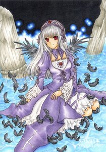 Rating: Safe Score: 0 Tags: 1girl dress feathers frills image long_hair long_sleeves looking_at_viewer red_eyes ribbon sitting solo suigintou traditional_media very_long_hair water wings User: admin