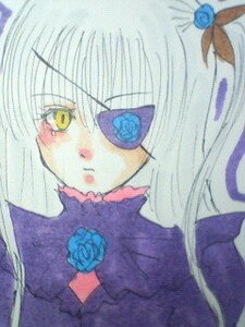 Rating: Safe Score: 0 Tags: 1girl bangs barasuishou blue_flower blue_rose blush dress flower hair_ornament image long_hair looking_at_viewer purple_dress purple_rose rose simple_background solo traditional_media yellow_eyes User: admin