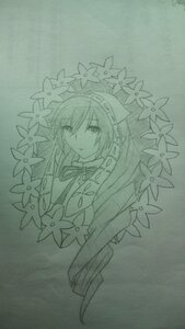 Rating: Safe Score: 0 Tags: 1girl bangs eyebrows_visible_through_hair flower hair_between_eyes image long_hair looking_at_viewer monochrome solo suiseiseki traditional_media upper_body User: admin