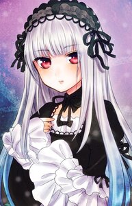 Rating: Safe Score: 0 Tags: 1girl bangs black_ribbon closed_mouth dress expressionless eyebrows_visible_through_hair frilled_sleeves frills gothic_lolita hairband image lolita_fashion long_hair long_sleeves looking_at_viewer red_eyes ribbon silver_hair solo suigintou traditional_media upper_body User: admin