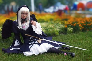 Rating: Safe Score: 0 Tags: 1girl 3d blurry blurry_background blurry_foreground depth_of_field dress flower frills grass hairband lips long_sleeves outdoors photo sitting solo suigintou sword weapon white_hair User: admin