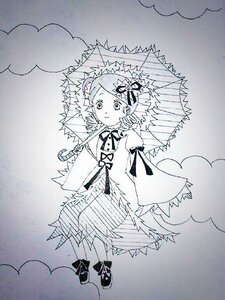 Rating: Safe Score: 0 Tags: 1girl cloud detached_sleeves drill_hair full_body hair_ornament holding holding_umbrella image kanaria long_sleeves monochrome rain smile solo standing umbrella wide_sleeves User: admin