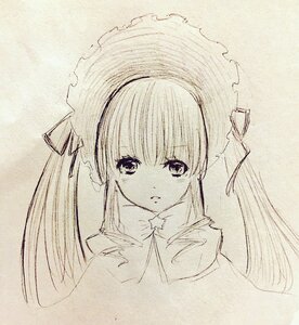 Rating: Safe Score: 0 Tags: 1girl bangs blush closed_mouth eyebrows_visible_through_hair hair_ribbon image long_hair looking_at_viewer monochrome ribbon shinku simple_background solo traditional_media twintails upper_body User: admin