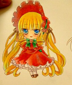 Rating: Safe Score: 0 Tags: 1girl blonde_hair blue_eyes blush bonnet bow bowtie dress drill_hair flower full_body green_bow image long_hair long_sleeves looking_at_viewer marker_(medium) open_mouth pink_rose red_dress rose shinku simple_background smile solo standing traditional_media twin_drills twintails very_long_hair white_legwear User: admin