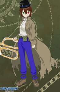Rating: Safe Score: 0 Tags: 1girl brown_coat brown_footwear brown_hair full_body green_eyes hat heterochromia image jacket long_sleeves pants red_eyes shirt solo souseiseki torn_clothes white_shirt User: admin