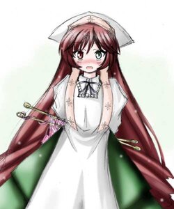 Rating: Safe Score: 0 Tags: 1girl blush brown_hair dress frills head_scarf heterochromia image long_hair long_sleeves looking_at_viewer open_mouth red_eyes simple_background solo suiseiseki very_long_hair User: admin