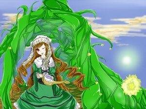 Rating: Safe Score: 0 Tags: 1girl brown_hair dress drill_hair flower green_dress image long_hair long_sleeves one_eye_closed outdoors plant red_eyes sky solo suiseiseki tongue very_long_hair watering_can User: admin