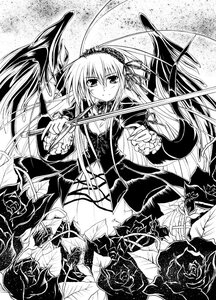 Rating: Safe Score: 0 Tags: 1girl dress flower frills greyscale hairband image lolita_hairband long_hair long_sleeves monochrome rose solo suigintou weapon wings User: admin