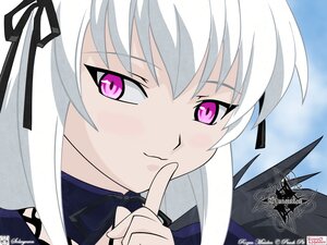 Rating: Safe Score: 3 Tags: 1girl black_ribbon blush close-up closed_mouth face hair_ribbon image index_finger_raised long_hair looking_at_viewer parody purple_eyes ribbon silver_hair solo suigintou User: admin