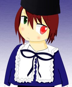 Rating: Safe Score: 0 Tags: 1girl black_headwear blue_dress hat heterochromia image long_sleeves red_eyes ribbon short_hair simple_background solo souseiseki upper_body User: admin