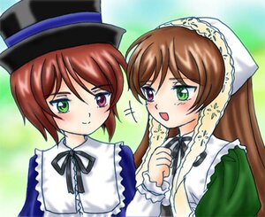 Rating: Safe Score: 0 Tags: 2girls :d blue_dress blush brown_hair dress frills green_dress green_eyes hat head_scarf heterochromia image long_hair long_sleeves multiple_girls open_mouth pair red_eyes short_hair siblings sisters smile souseiseki suiseiseki top_hat twins User: admin