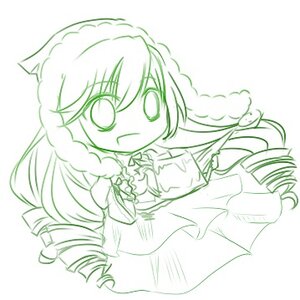 Rating: Safe Score: 0 Tags: 1girl chibi drill_hair eyebrows_visible_through_hair green_theme image long_hair monochrome open_mouth simple_background skirt smile solo suiseiseki very_long_hair white_background User: admin