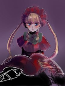 Rating: Safe Score: 0 Tags: 1girl blonde_hair blue_eyes blush bonnet bow capelet dress hat image long_hair long_sleeves looking_at_viewer red_dress shinku sitting solo twintails very_long_hair User: admin