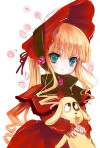 Rating: Safe Score: 0 Tags: 1girl blonde_hair blue_eyes blush bonnet bow dress image long_hair long_sleeves looking_at_viewer petals red_dress shinku simple_background solo twintails very_long_hair white_background User: admin