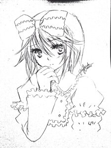 Rating: Safe Score: 0 Tags: 1girl blush bow closed_mouth dated eyebrows_visible_through_hair frills greyscale image long_sleeves looking_at_viewer monochrome puffy_sleeves short_hair signature solo souseiseki tears traditional_media upper_body User: admin