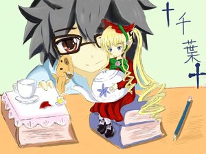 Rating: Safe Score: 0 Tags: 1boy 1girl blonde_hair blue_eyes bonnet bow cup dress drill_hair image long_hair saucer shinku solo tea teacup twintails yellow_background User: admin