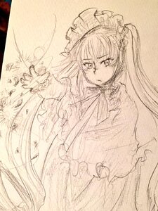 Rating: Safe Score: 0 Tags: 1girl auto_tagged dress frills image long_hair long_sleeves monochrome shinku simple_background sketch solo suigintou traditional_media User: admin
