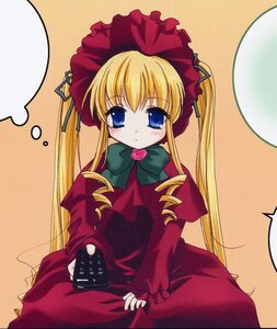 Rating: Safe Score: 0 Tags: 1girl blonde_hair blue_eyes blush bonnet bow bowtie controller cup dress drill_hair game_controller green_bow image long_hair long_sleeves moon red_dress shinku sidelocks sitting solo twintails User: admin