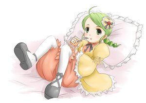 Rating: Safe Score: 0 Tags: 1girl :o ahoge blush dress drill_hair frilled_pillow full_body green_eyes green_hair image kanaria long_sleeves mary_janes pantyhose pillow puffy_sleeves shoes solo striped twin_drills vertical_stripes white_legwear yellow_dress User: admin