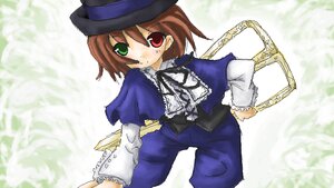 Rating: Safe Score: 0 Tags: 1girl blue_dress bow brown_hair collar dress frills green_eyes hat heterochromia image long_sleeves looking_at_viewer red_eyes smile solo souseiseki top_hat User: admin