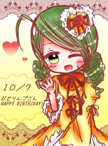 Rating: Safe Score: 0 Tags: 1girl blush dress drill_hair green_eyes green_hair heart image kanaria long_sleeves one_eye_closed open_mouth ribbon smile solo yellow_dress User: admin