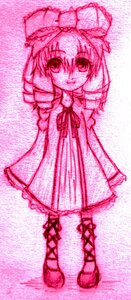 Rating: Safe Score: 0 Tags: 1girl bow cross-laced_footwear dress drill_hair full_body hair_bow hinaichigo image monochrome pink_theme red_theme ribbon smile solo standing twin_drills User: admin