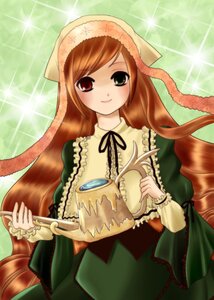Rating: Safe Score: 0 Tags: 1girl brown_hair dress frills green_dress hat head_scarf heterochromia holding image long_hair long_sleeves looking_at_viewer red_eyes ribbon smile solo sparkle suiseiseki very_long_hair watering_can User: admin