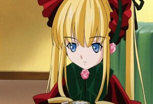 Rating: Safe Score: 0 Tags: 1girl bangs blonde_hair blue_eyes bonnet bow bowtie cup expressionless flower green_bow image long_hair long_sleeves looking_at_viewer pink_flower pink_rose rose shinku sidelocks solo table teacup twintails User: admin