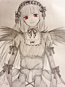 Rating: Safe Score: 0 Tags: 1girl dress frills hairband image long_hair long_sleeves looking_at_viewer monochrome puffy_sleeves red_eyes ribbon simple_background solo suigintou traditional_media wings User: admin