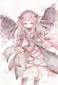Rating: Safe Score: 0 Tags: 1girl black_wings colored_pencil_(medium) dress feathered_wings frilled_sleeves frills hairband image long_hair long_sleeves looking_at_viewer pink_eyes ribbon solo suigintou traditional_media wings User: admin