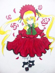 Rating: Safe Score: 0 Tags: 1girl blonde_hair blue_eyes bonnet bow bowtie capelet dress flower full_body green_bow green_neckwear image long_hair long_sleeves looking_at_viewer petals pink_flower pink_rose red_dress rose rose_petals shinku shoes solo standing traditional_media twintails very_long_hair User: admin