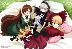 Rating: Safe Score: 0 Tags: 3girls :d absurdres auto_tagged blonde_hair blue_eyes bow brown_hair dress drill_hair frills gothic_lolita green_eyes hairband hat headdress heterochromia highres hugging_own_legs image lolita_fashion long_hair long_sleeves looking_at_viewer looking_back lying mary_janes megami_magazine morimoto_hirofumi multiple multiple_girls non-web_source official_art on_stomach open_mouth pillow red_dress red_eyes ribbon rozen_maiden shinku shoes silver_hair smile socks suigintou suiseiseki tagme twintails very_long_hair wings User: admin
