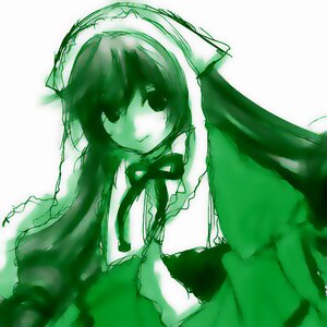 Rating: Safe Score: 0 Tags: 1girl dress green_theme hairband image long_hair long_sleeves looking_at_viewer monochrome ribbon solo suiseiseki User: admin