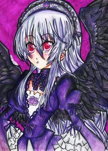 Rating: Safe Score: 0 Tags: 1girl black_wings blush dress feathered_wings flower frills hairband image lolita_fashion long_hair long_sleeves looking_at_viewer marker_(medium) puffy_sleeves silver_hair solo suigintou traditional_media wings User: admin