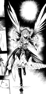 Rating: Safe Score: 0 Tags: 1girl boots dress frills greyscale hairband image long_hair long_sleeves monochrome solo suigintou wings User: admin