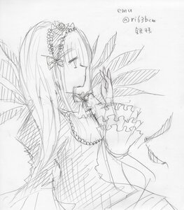 Rating: Safe Score: 0 Tags: 1girl closed_eyes dress flower frills hairband image long_hair long_sleeves monochrome profile ribbon rose simple_background sketch solo suigintou upper_body very_long_hair white_background User: admin