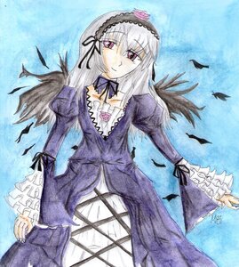 Rating: Safe Score: 0 Tags: 1girl black_wings cross-laced_clothes detached_collar dress feathers flower frilled_sleeves frills hairband image long_hair long_sleeves looking_at_viewer pink_eyes silver_hair solo suigintou traditional_media wings User: admin